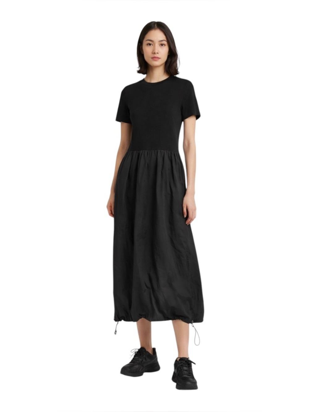 ASOS Design Black Dress Mixed Material Cinch Hem Balloon Skirt Minimalist US 4 - Picture 2 of 13